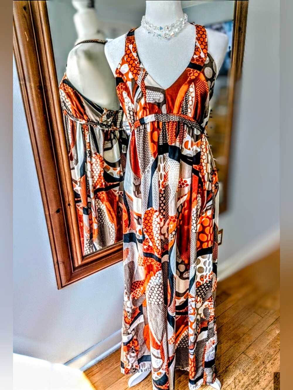 Vintage Indian Cotton Women’s Orange & Brown Patterned Maxi Dress